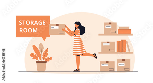 Woman Puts Box In Storage Room With Shelves Full Boxes And Files
