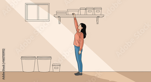 Woman Reaching For Organized Storage Boxes On Shelf In Room