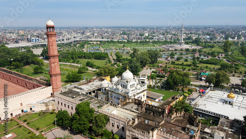 An aerial image of the Pakistan monument, A Sikh Gurdwara located beside the Badshahi Mosque in Lahore. 