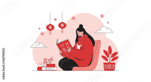 Woman Reading About Astrology In Warm Atmosphere With Her Pet Zodiac Signs