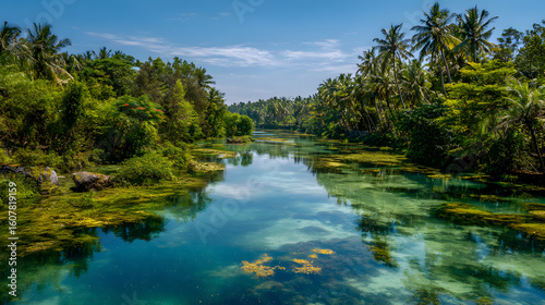 Serene Landscape with Lush Greenery and Clear Blue Water Under Bright Sunny Sky
