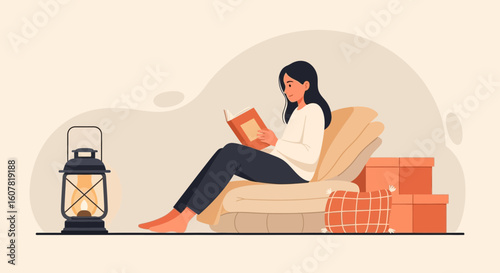 Woman Relaxes By Reading Book On Comfortable Cushions With Soft Lantern Light
