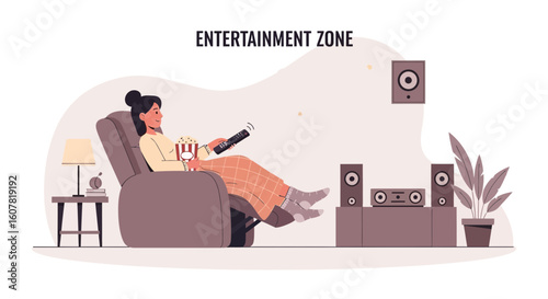 Woman Relaxes In Recliner Watching Tv With Popcorn At Home Theater