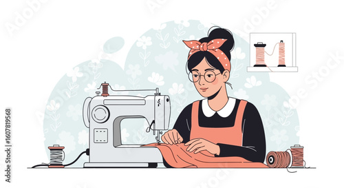 Woman Sewing Project Concentrating on Craftsmanship in her Studio Setting