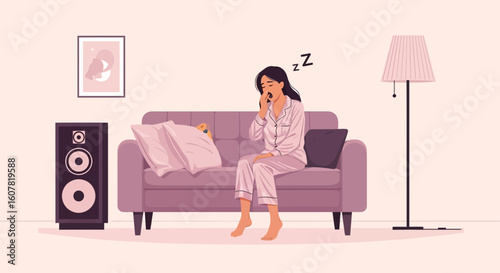 Woman Sitting On Sofa In Pajamas Feeling Sleepy Morning Indoor Activity