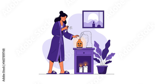 Woman Spraying Air Freshener In Room With Halloween Decoration And Candles