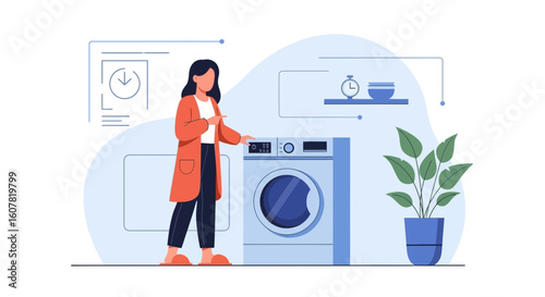 Woman Starting Laundry Cycle Using Washing Machine At Home Lifestyle
