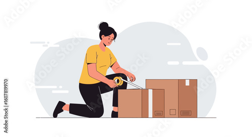 Woman Taping Boxes Prepared For Relocation Or E Commerce Order Shipping