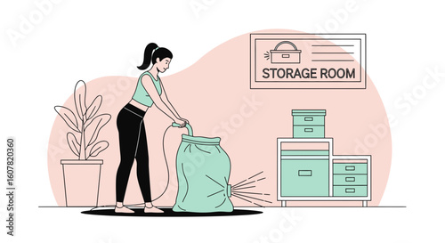 Woman Vacuuming Contents into Bag for Moving and Storage in Linear Style