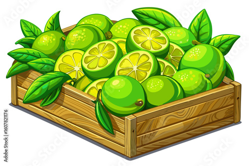 vector of Vibrant green lemons arranged in a wooden box on a white surface of juicy lemons rich in vitamin C...