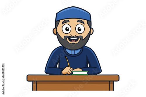 Muslim woman learning about hadith using a tablet and pointing to a sign