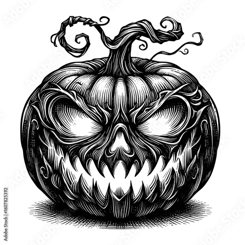 Spooky Halloween pumpkin carving design. Halloween pumpkin illustration with scary face and detailed texture. This Halloween pumpkin image is perfect for holiday invitations, announcements,