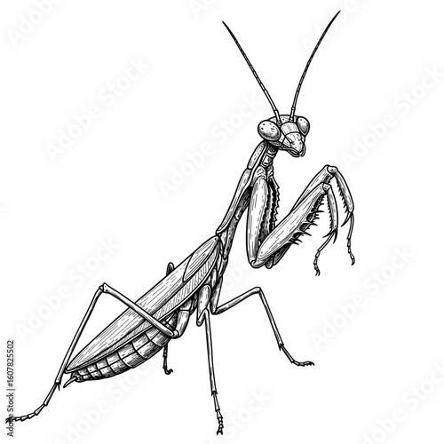 Praying mantis insect mantis religiosa illustration. Detailed praying mantis image shows insect anatomy and unique features. Praying mantis drawing perfect for educational resources,