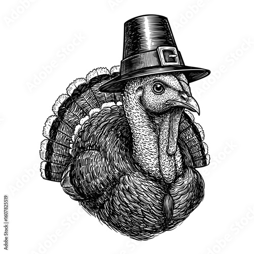 Thanksgiving turkey wearing pilgrim hat. Festive thanksgiving bird illustration perfect for holiday cards and invitations. Thanksgiving design featuring detailed turkey portrait in vintage style.