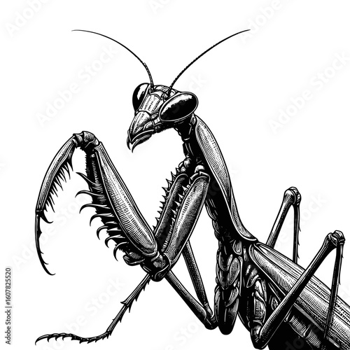 Praying mantis illustration, detailed drawing of insect mantis religiosa, close-up view of praying mantis. This detailed praying mantis image is perfect for nature documentaries,
