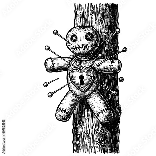 Voodoo doll pinned to tree trunk.  Dark art illustration of handmade rag doll with stitched seams and keyhole heart.  Spooky voodoo doll image perfect for Halloween designs or gothic style projects.