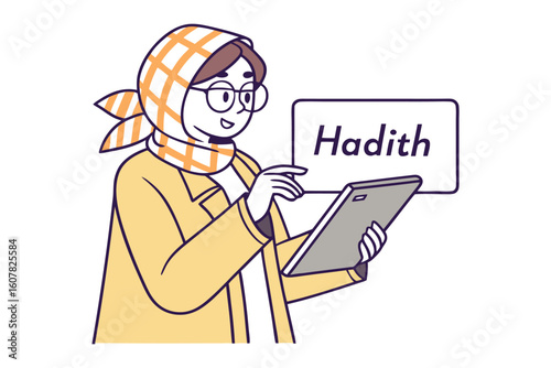 Friendly muslim woman wearing a hijab and glasses holding a book and gesturing welcomingly