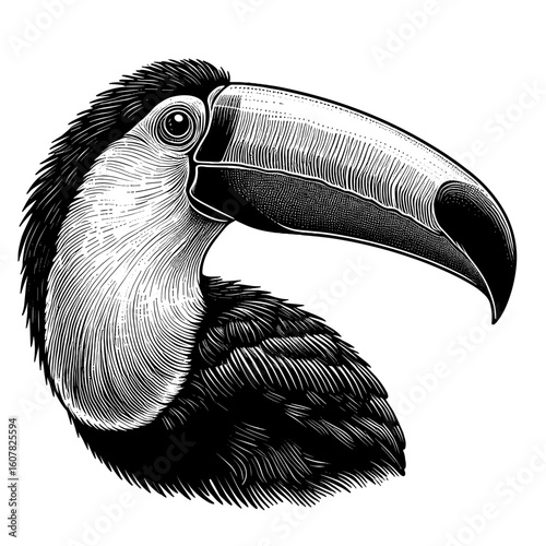 Toco toucan Ramphastos toco portrait. Detailed black and white toucan illustration.  Elegant toucan image perfect for nature publications, zoological posters, or wildlife documentaries.