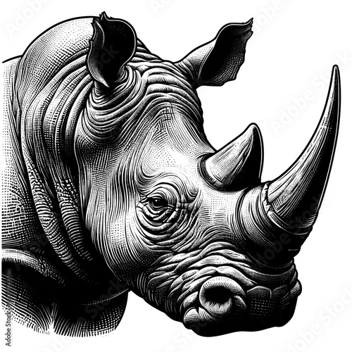 Majestic white rhinoceros Ceratotherium simum portrait. Powerful rhino head close up image.  Detailed illustration of endangered animal.
