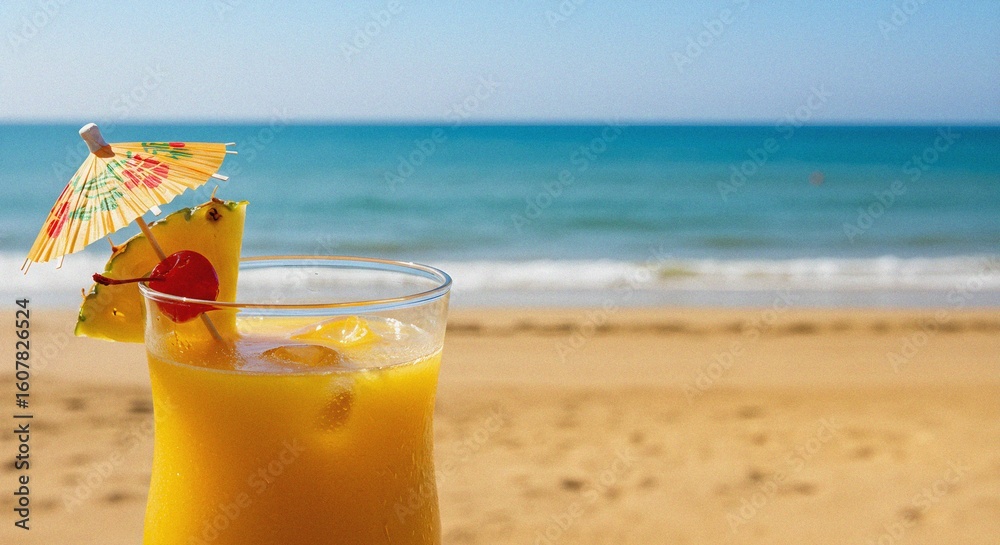 Obraz premium Tropical Cocktail by the Beach Refreshing Drink with Ocean View