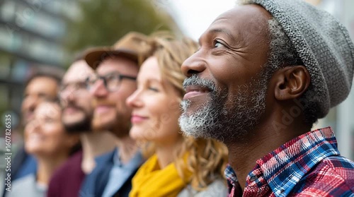 Diverse Group of People Gazing Upward with Hope / 希望を抱き上を見上げる多様な人々のグループ