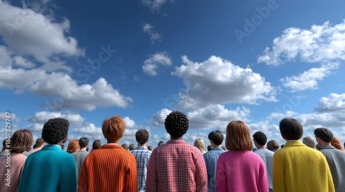 Diverse Crowd Looking Up at a Blue Sky with Clouds / 雲の浮かぶ青い空を見上げる多様な人々