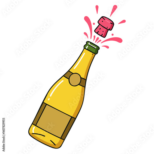 Vector illustration of champagne bottle popping with cork and bubbles on white background