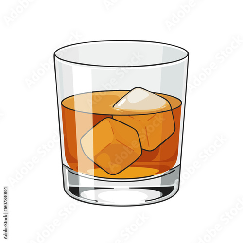 Vector illustration of whiskey glass with ice rock cube on white background