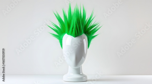 Bright green mohawk wig on white mannequin head with spiky hair style and clean background for costume or fashion