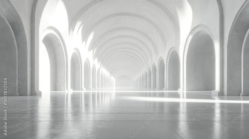 Fototapeta premium Luminous White Corridor of Endless Arches and Sunlit Reflections on a Gleaming Floor