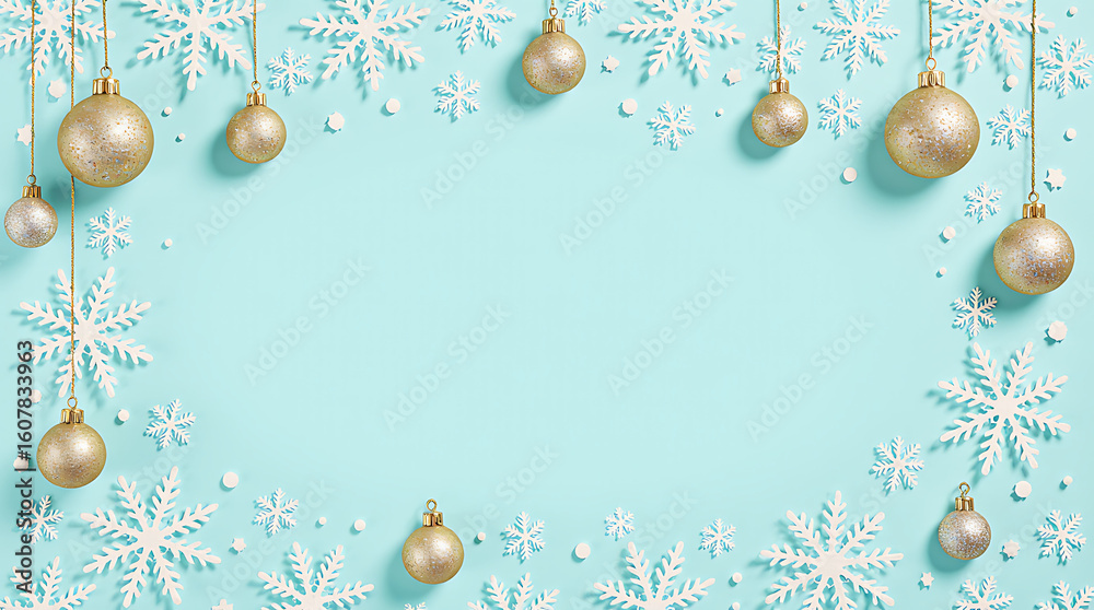 Fototapeta premium Decorative Christmas ornaments and snowflakes on blue background