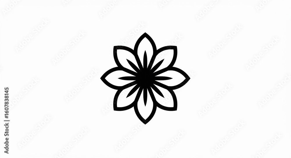 Fototapeta premium Minimalist Black Flower Icon with Eight Petals on White Background.
