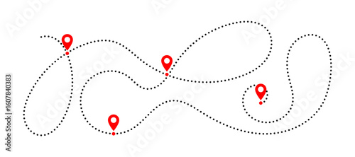 Fotografi Dotted path with markers indicating multiple points of interest for navigation