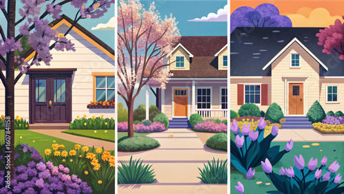 Vector set showing cozy home exteriors with green front yards during late spring. Ideal for real estate, eco-living, gardening, landscaping, and seasonal banner themes