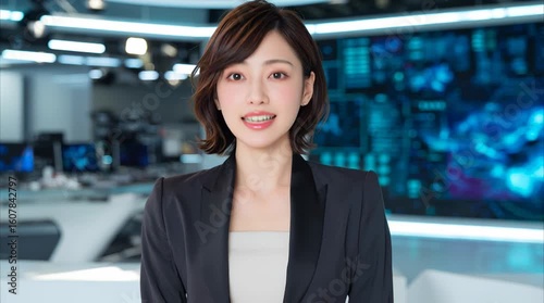 Professional Female News Anchor in a Modern Studio / モダンスタジオで話すプロの女性ニュースキャスター