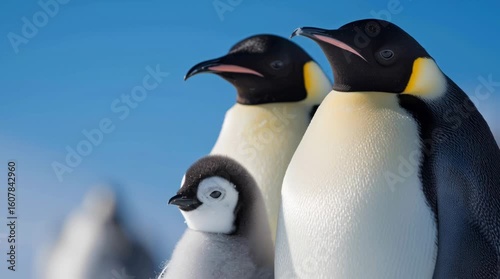 Emperor Penguin Family with Chick in Arctic Landscape / 北極の風景に立つ皇帝ペンギンの親子