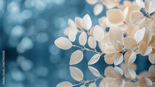Delicate White Leaves Against Teal Bokeh: Serene Botanical Composition