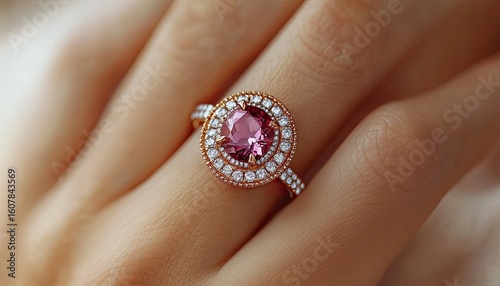 Luminous Pink Tourmaline Ring with Double Diamond Halo in Rose Gold