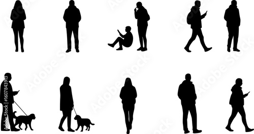 Silhouettes men, women, teenagers and children standing, walking, sitting, with dog, linear sketch, black color, vector, group rest people, students, design concept of flat icon, isolated on white