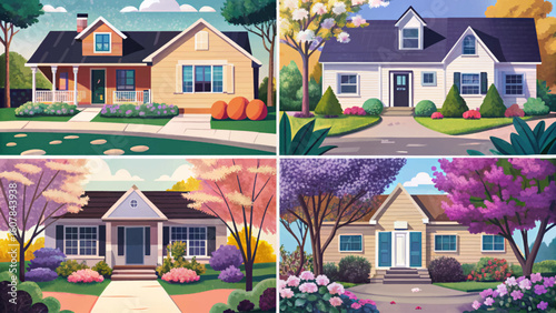 Vector set showing cozy home exteriors with green front yards during late spring. Ideal for real estate, eco-living, gardening, landscaping, and seasonal banner themes