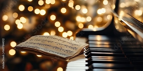 A Festive Serenade: Sheet Music on a Piano with Golden Bokeh Lights