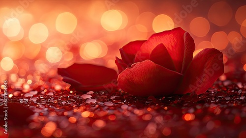 Close-up of a vibrant red rose petal resting on a bed of shimmering red confetti with soft bokeh lights