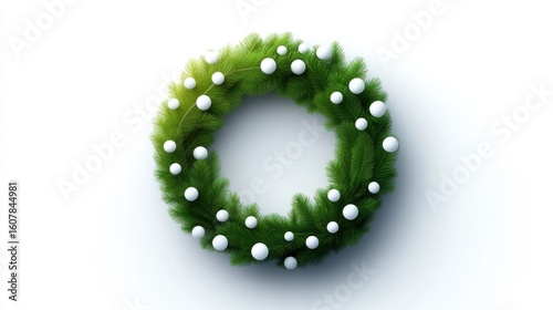 Modern Minimalist Christmas Wreath with Lush Fir and Simple White Snowball Ornaments