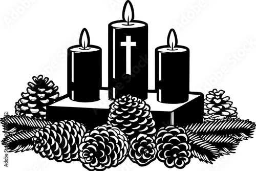 Black candles with cross and pinecones on decorative altar  