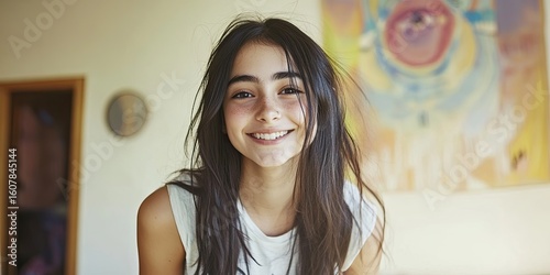 Radiant Teen: Freckled Smile, Pierced Nose, and Expressive Eyes in Natural Light