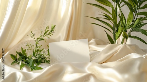 Sun-dappled Card Mockup on Lustrous Silk with Fresh Greenery