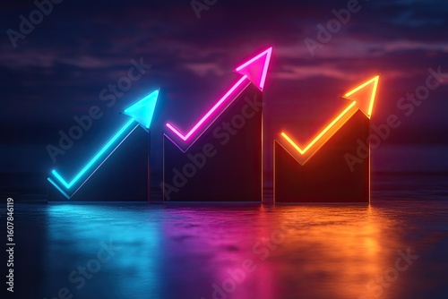 Three Ascending Neon Arrows in Vibrant Hues on a Reflective Surface