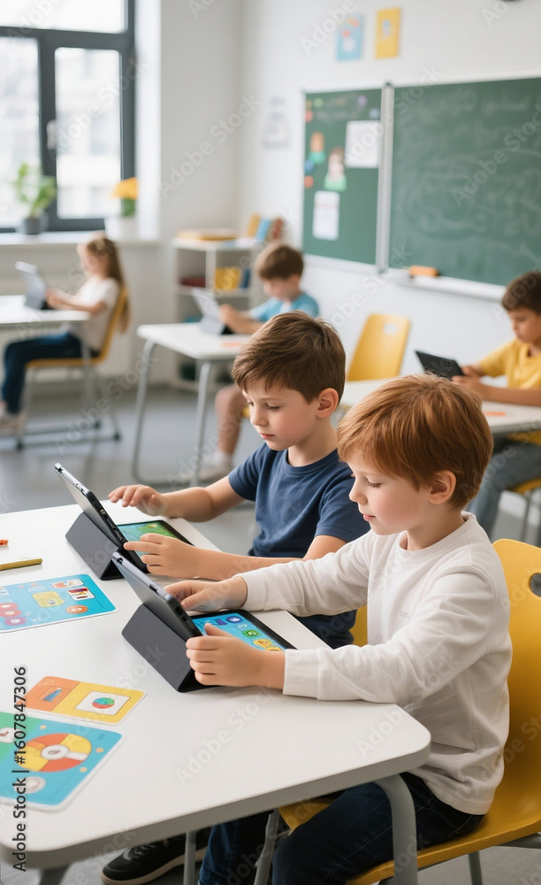 Fototapeta premium Elementary Students Engaging with Digital Learning in Classroom