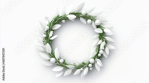 Sculptural Holiday Wreath with Green Sprigs and Textured White Leaves