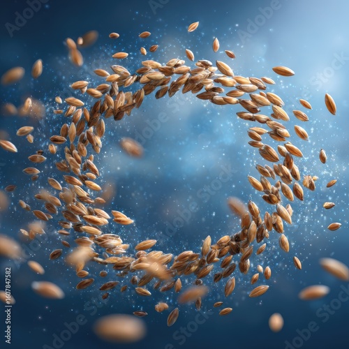 Barley grains swirl, forming a circle against a blue sky; food packaging design